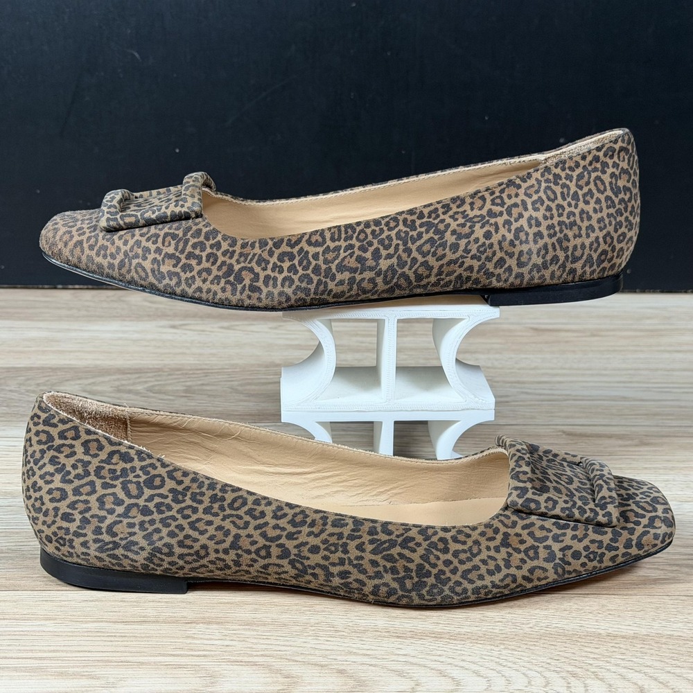 Ann Mashburn Buckle Shoes Womens 10 Brown Leopard Suede Square Flat Toe Italy